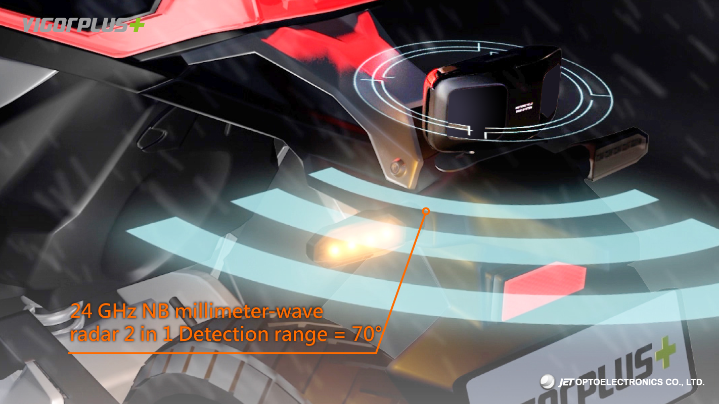Motorcycle in night rain with 24GHz radar detection zones