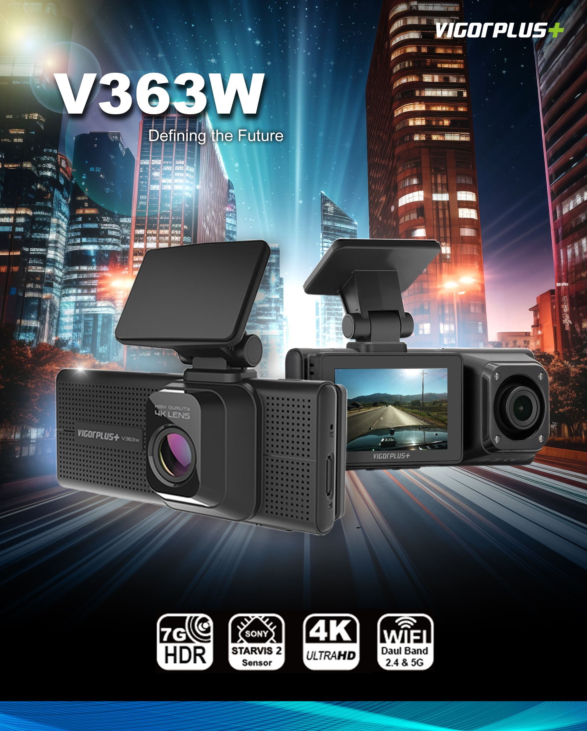 V363W 4K dual dash cam at night